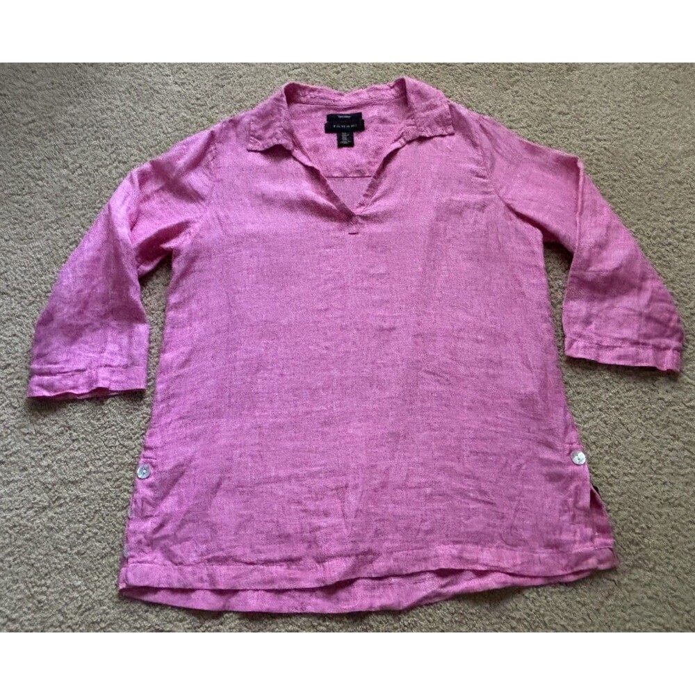 Tahari 100% Linen Pink V Neck Collar Tunic, 3/4 sleeve shirt, M Coastal Beach